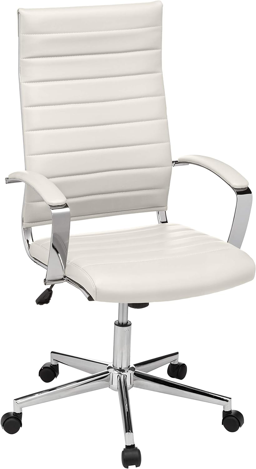 Amazon Basics High-Back Swivel Office Chair with Lumbar Support, Ergonomic Ribbed Faux Leather, Modern Style, 45.25 x 24.75 x 23.25, Stunning White
