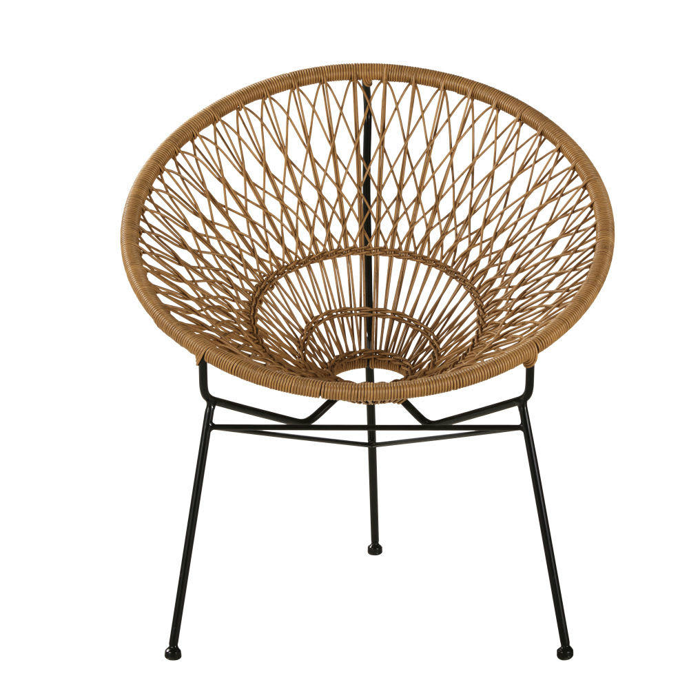 Itapema - Fauteuil de jardin en résine imitation rotin et métal noir