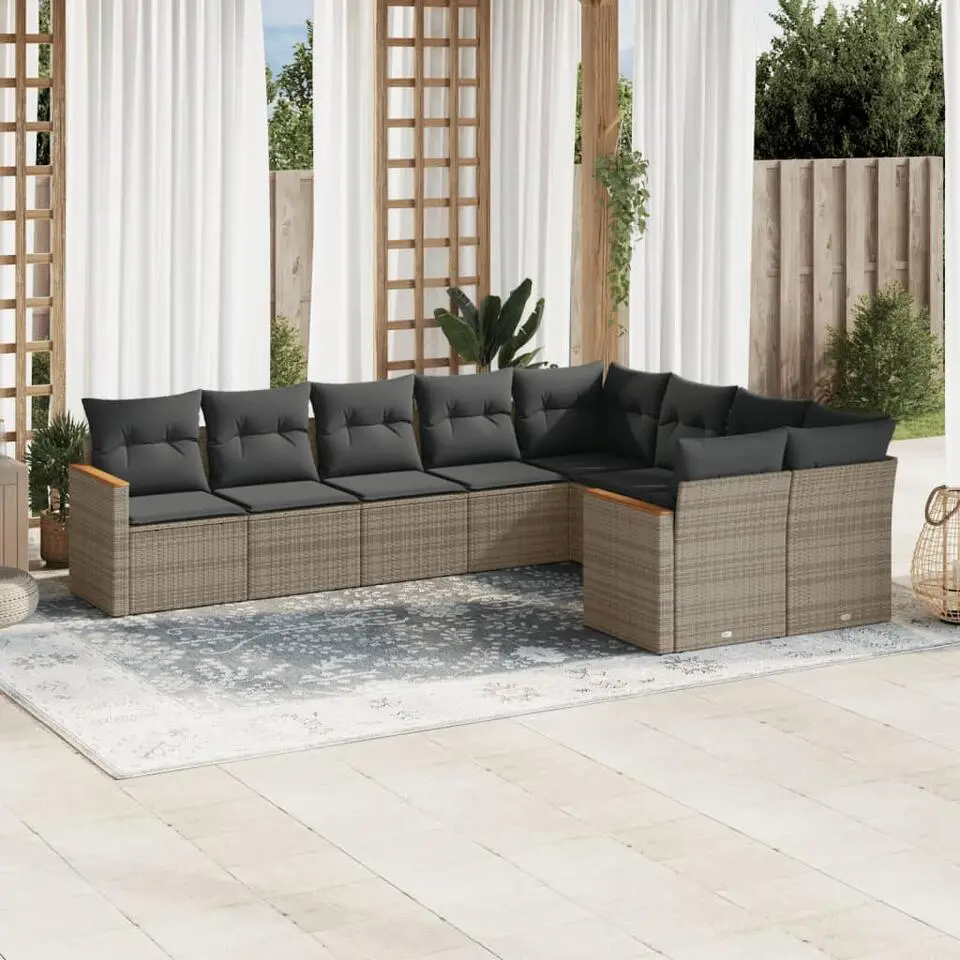 vidaXL Loungeset met kussens & hout armsteun voor 9 - Grijs - Poly rattan