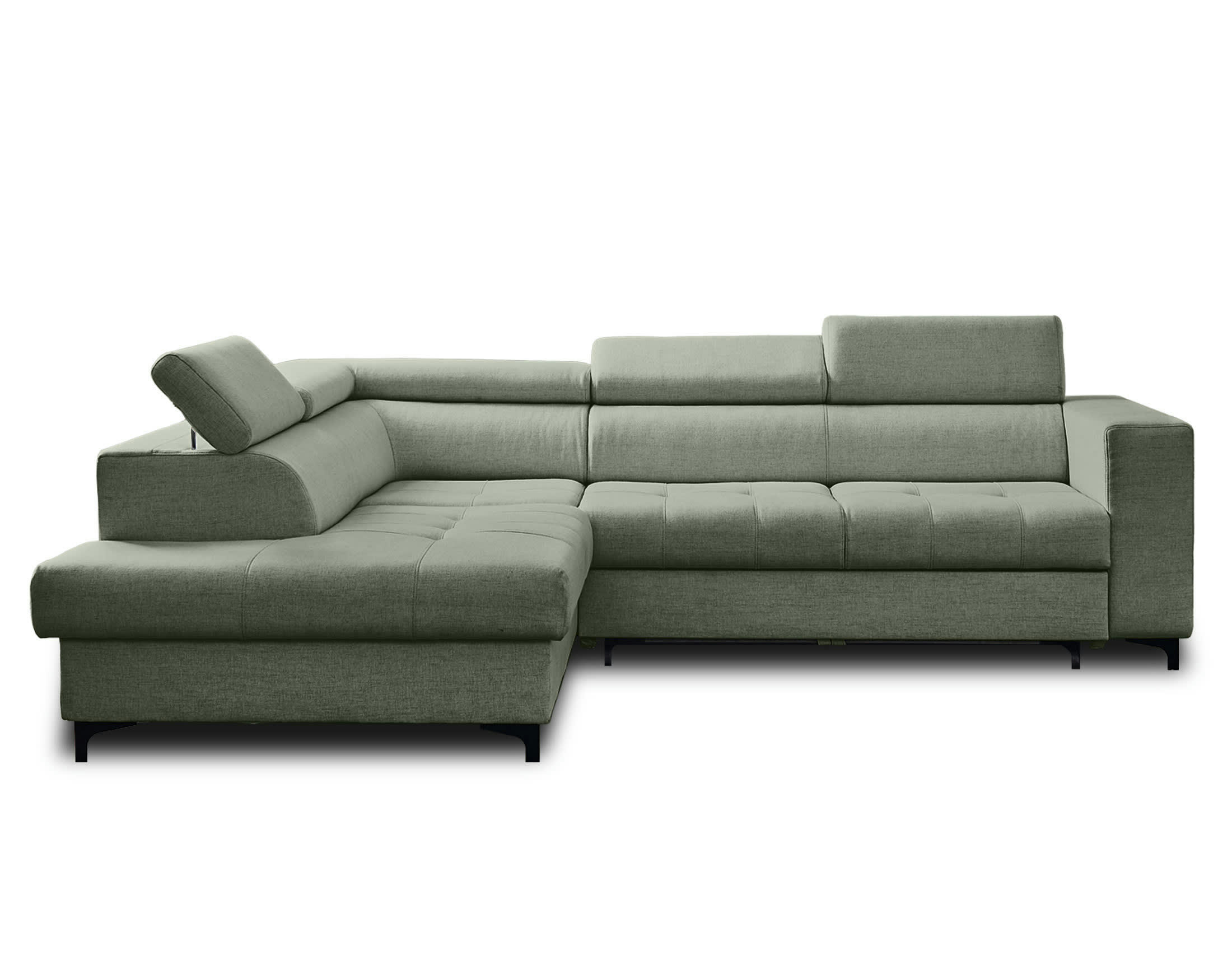 OLINDA - Canapé d'angle gauche convertible 5 places en tissu vert sauge