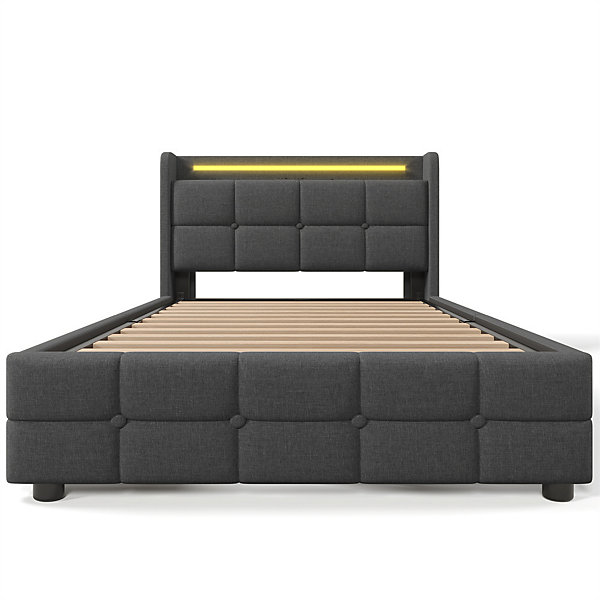 Lit rembourré 90x200cm lit de rangement lit 2 tiroirs lit éclairage led lit sommier à lattes en bois Single lin gris