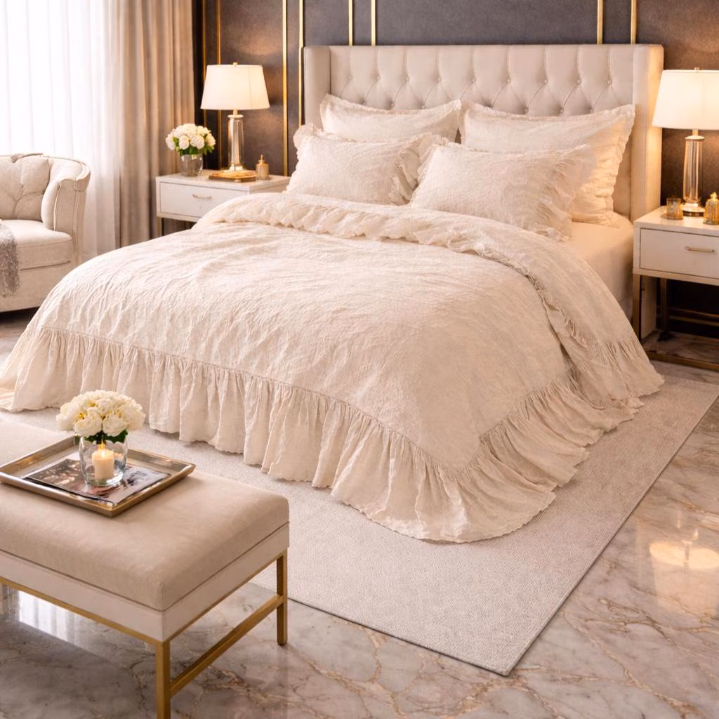 Cream Ruffle Linen Bedding Set, Shabby Chic Farmhouse Comforter