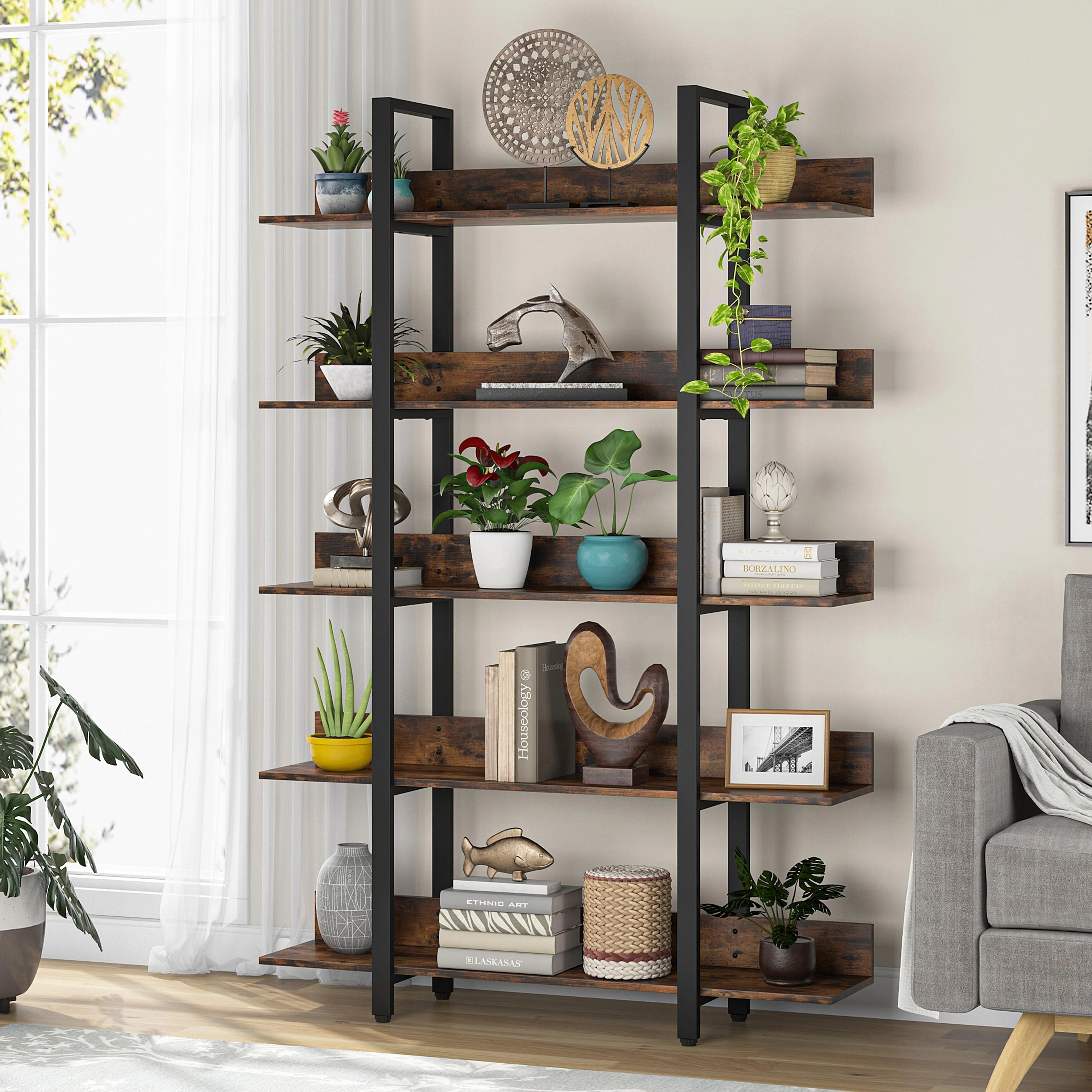 Industrial 5 Tiers Bookshelf,5-Shelf Etagere Bookcase with Back Fence