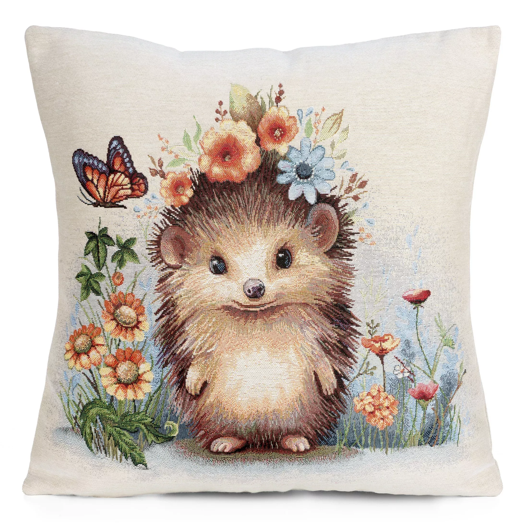 Poszewka na poduszkę 45x45 cm gobelinowa naturalno brązowa z tkanym motywem Jeża