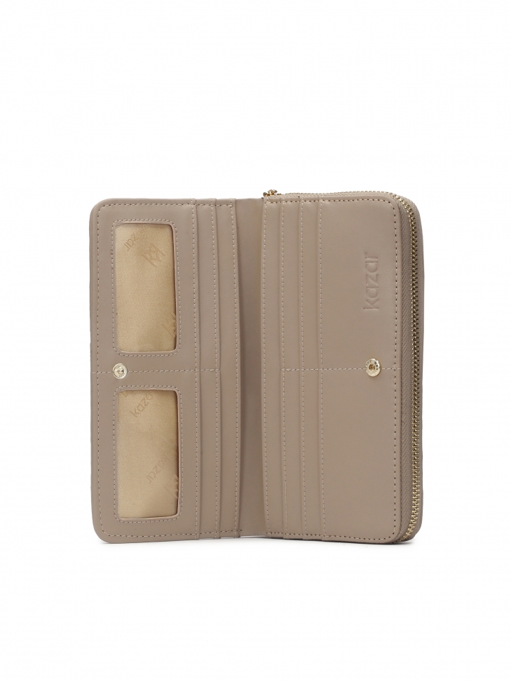 Leather large zip wallet in taupe color