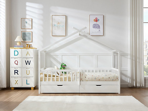 Lit cabane 90 x 190 cm avec tiroirs - Pin et MDF - Blanc   Matelas - KIRALIO