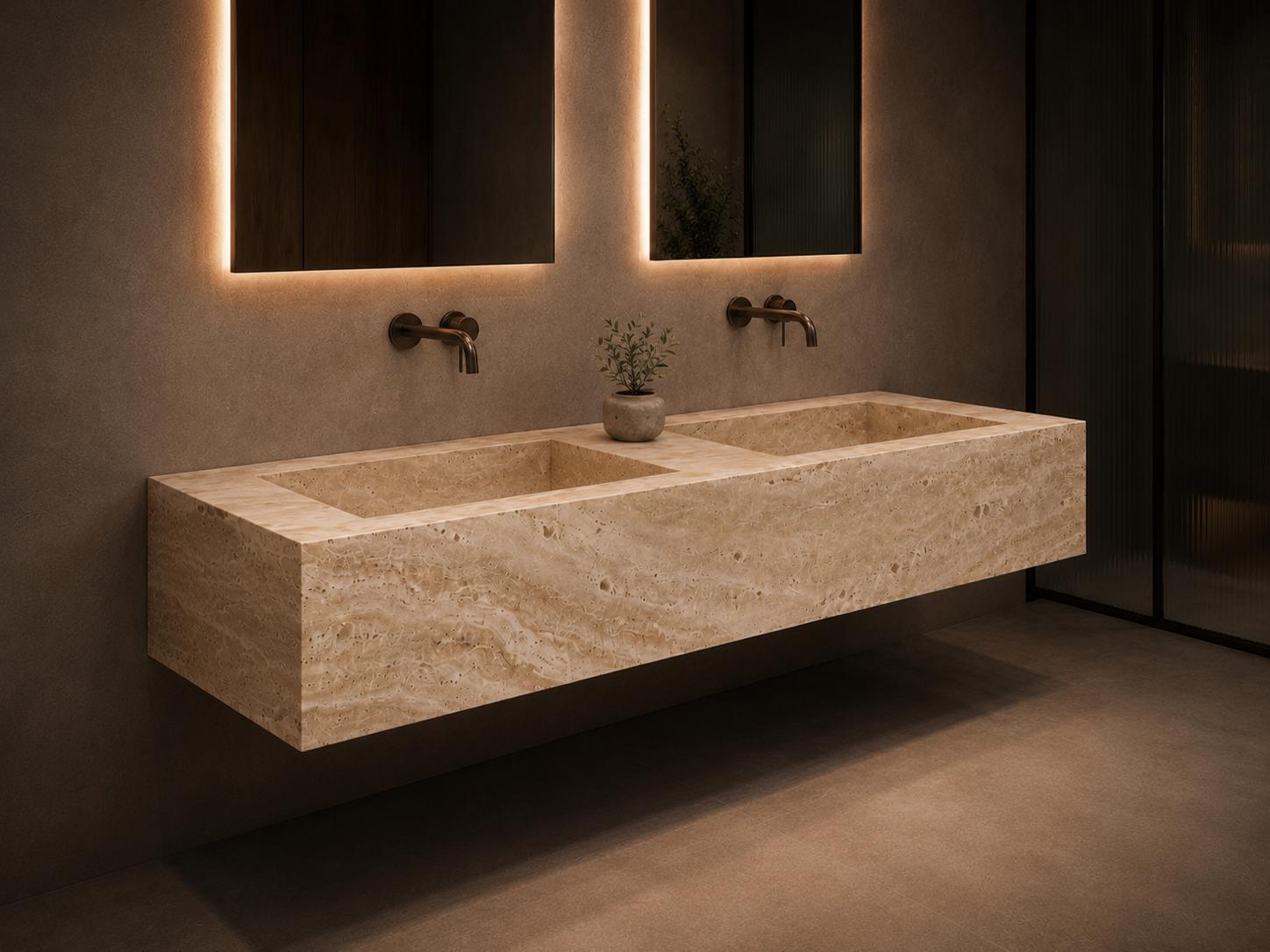 Luxury Double Travertine Marble Sink, Wall Mount Stone Vanity, Floating Bathroom Basin, Hand Carved Natural Stone, Custom Size Washbasin