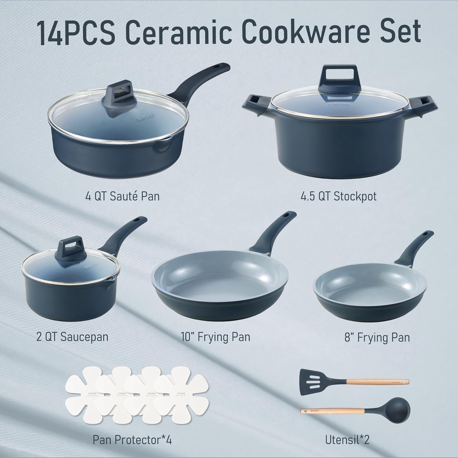 CAROTE 14 Pcs Ceramic Cookware Set, Pots and Pans Set Non Stick with Ceramic Coating, Induction Kitchen Sets