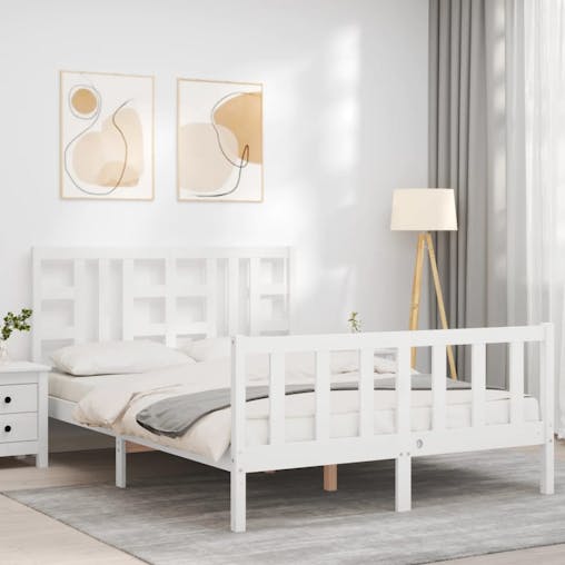 NNEVL Bed Frame with Headboard White 137x187 cm Double Solid Wood