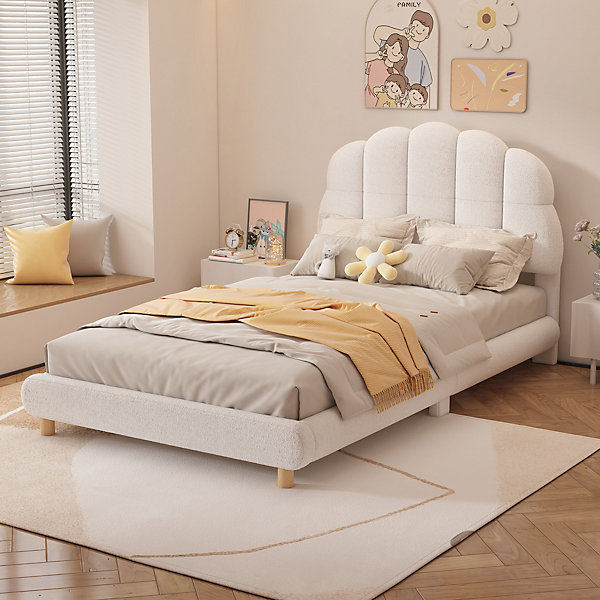 Lit 90x200 cm pour enfant avec tête de lit rembourrée en plush blanc, cadre MDF, design floral et moderne