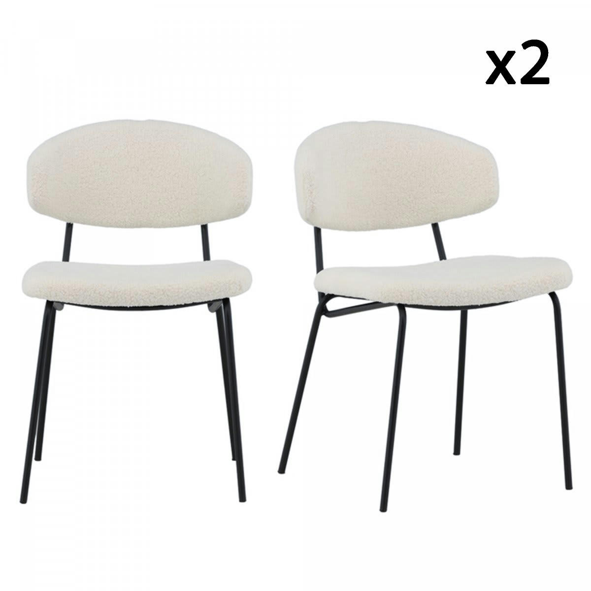 BLANCHE - Lot de 2 chaises modernes en tissu bouclé pieds métal noir