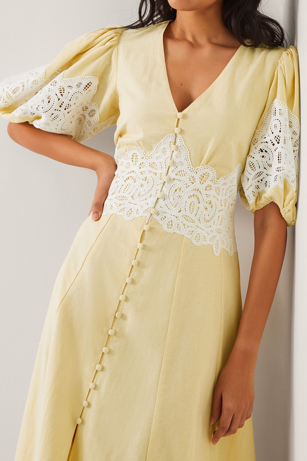 Monsoon Nancy Applique Puff-Sleeve Midi Dress Yellow