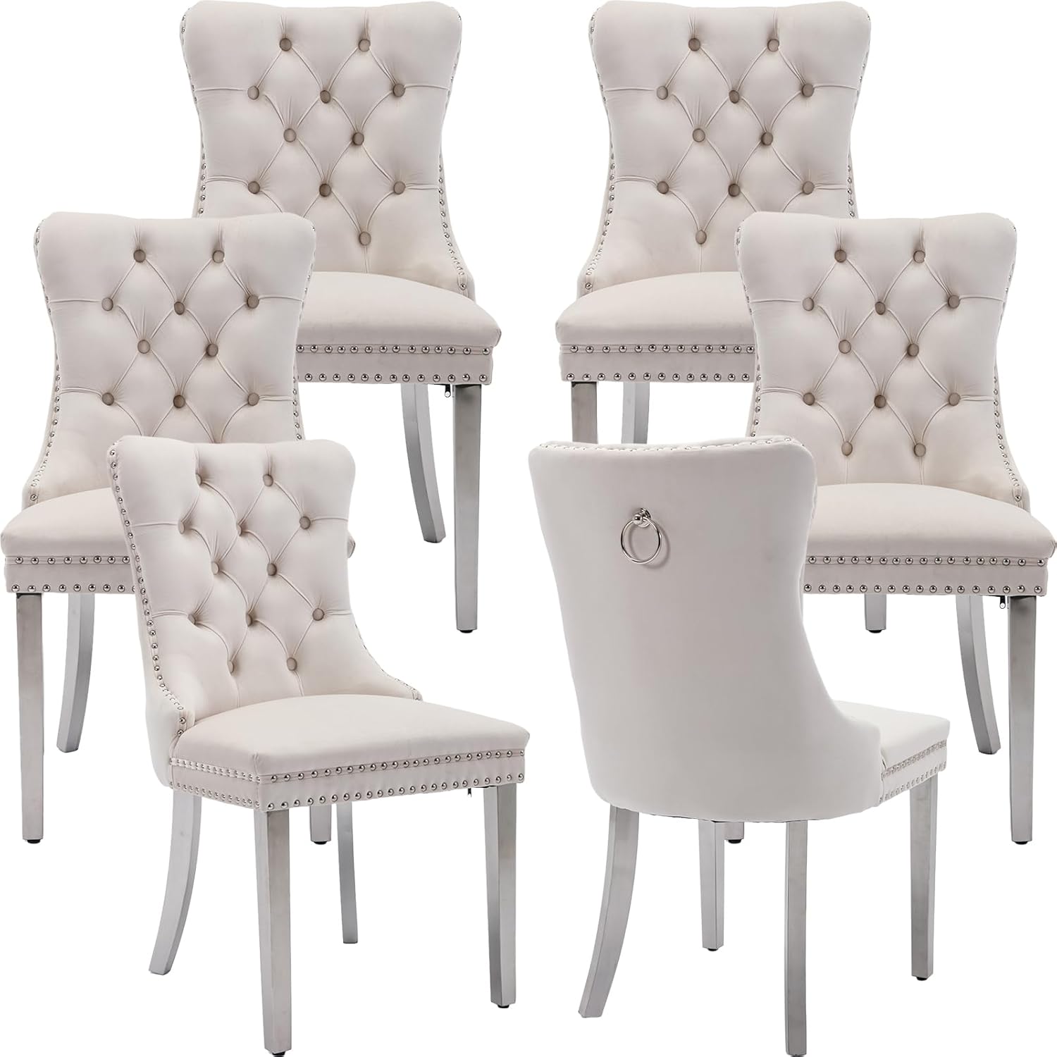 Velvet Dining Chairs Set of 6, Kitchen & Dining Room Chairs Set of 6, Tufted Dining Chairs, Velvet Upholstered, Chrome Metal Legs (Beige)