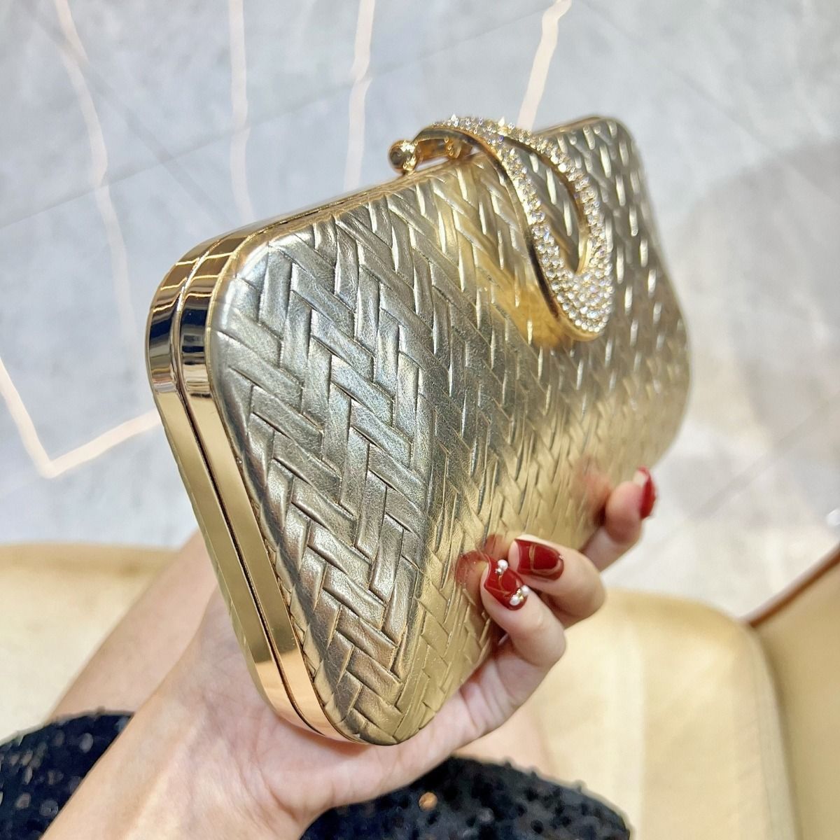 PEACH ACCESSORIES Woven Gold Clutch with Crystal Ring Detail