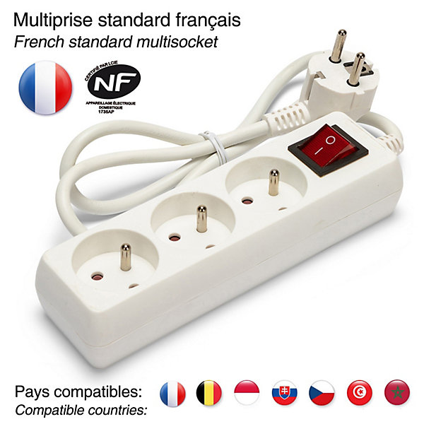 Bloc multiprise 3x16A avec interrupteur, 1m, CE &NF