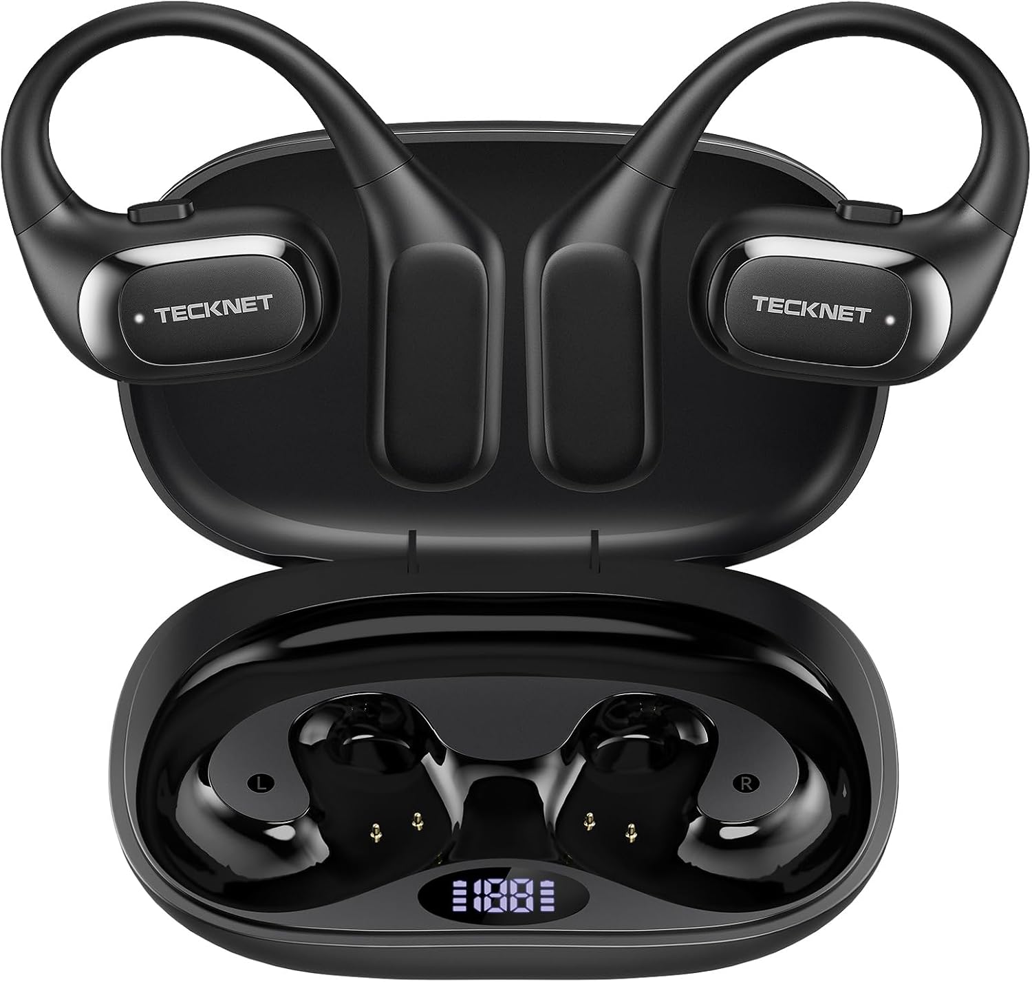 TECKNET Open Ear Headphones, Over the Ear Earbuds with Bluetooth 6.0, Smart Digital Display, 40H Playtime, IPX5 Waterproof, USB-C Fast Charging, Touch Control for Travel, Cycling, Running, Black