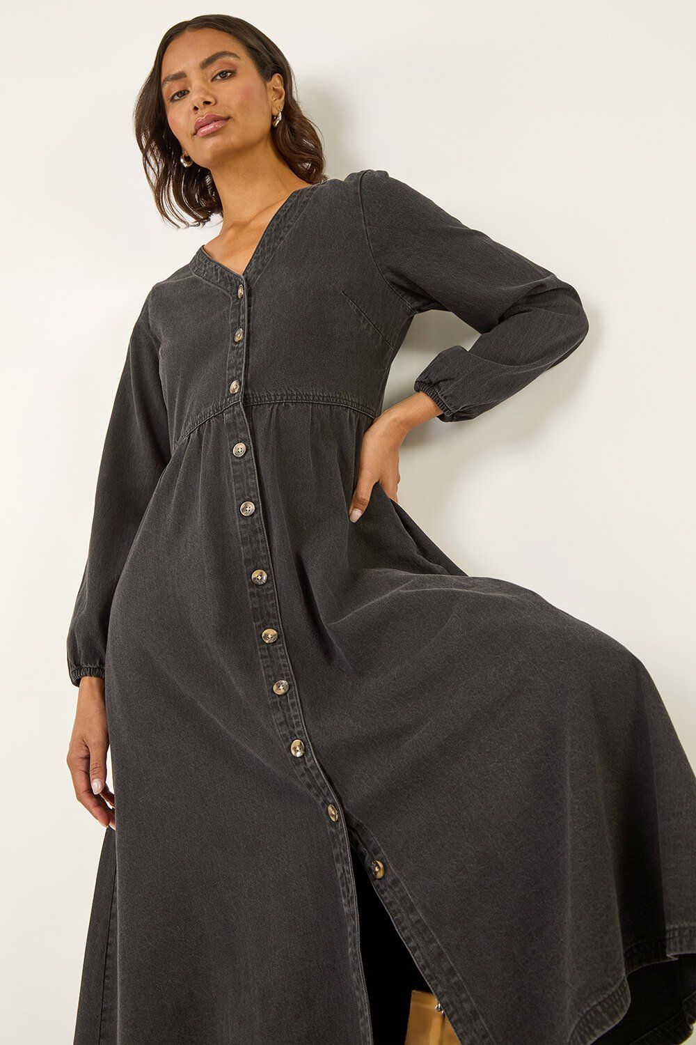 Roman Denim Button Through Midi Dress