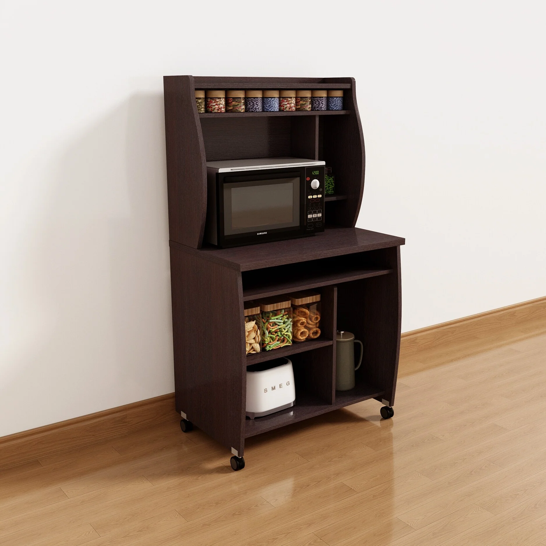 Microwave Cart with Hutch Shelves Spice Rack and Locking Castors