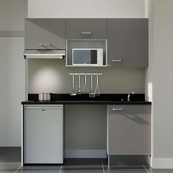 Kitchenette K55 - 180 cm - façades Gris - Plan monobloc en quartz coloris Nero évier à droite - Electroménager Inox
