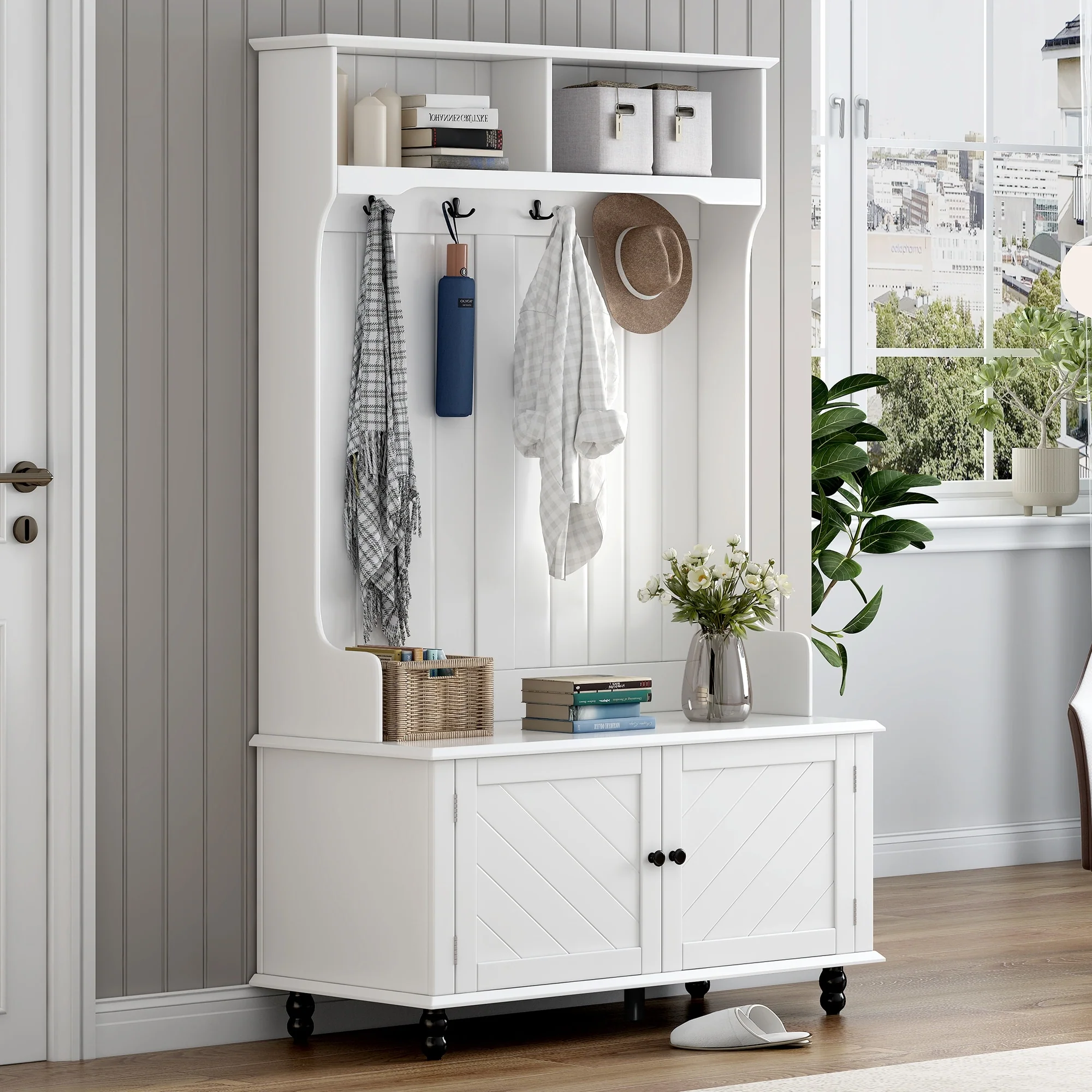Modern Simple Coat Rack, Entryway Bench, Storage Bench with 2 Open Storage Shelves, for Entryway and Hallway, White