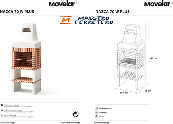 MOVELAR - Barbecue préfabriqué à bois et charbon de bois Nazca 70 (Blanc, Orange - 86,5x58x240 cm) REF : M00494 - Usage Extérieur