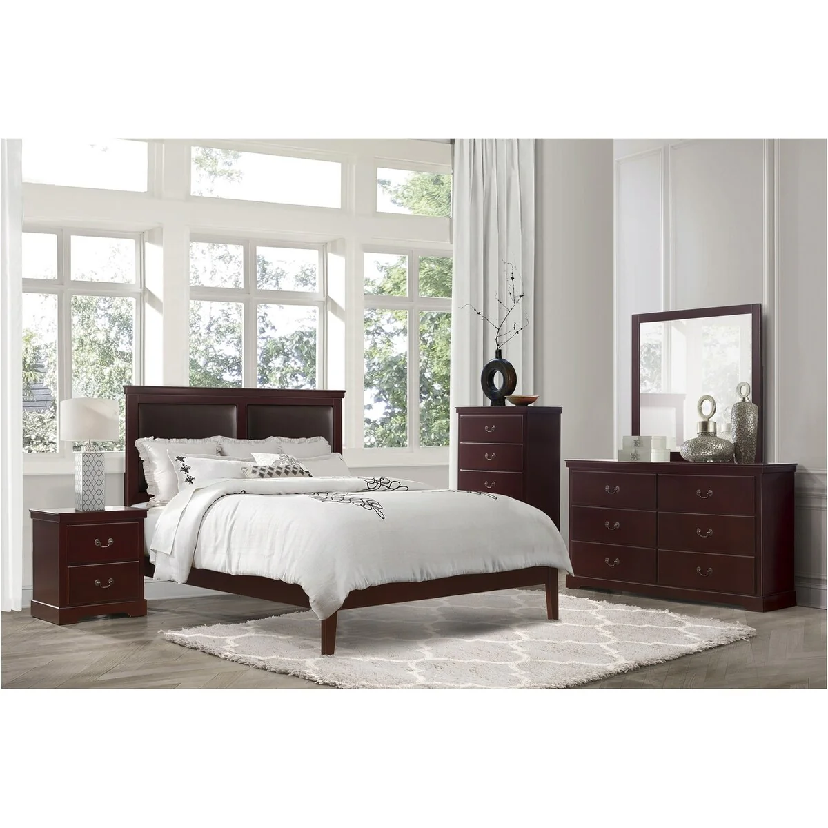 Sallyanne 5 Piece Cherry Modern Faux Leather Upholstered Panel Bedroom Set