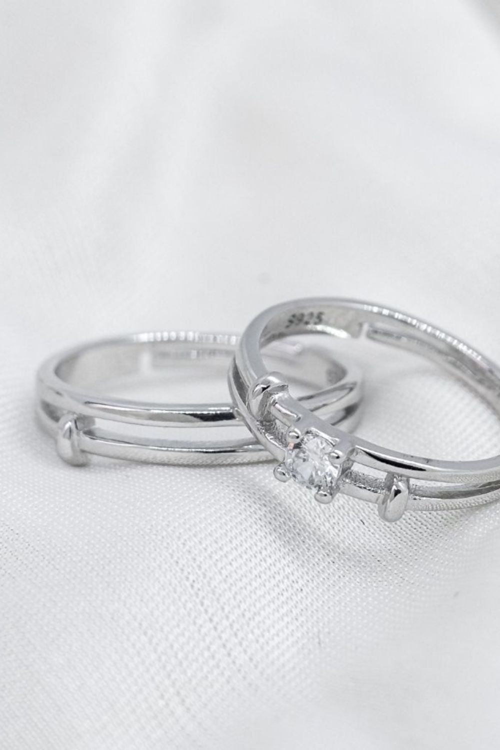 The Colourful Aura Adjustable Silver his and hers Zircon Promise Striped Ring set