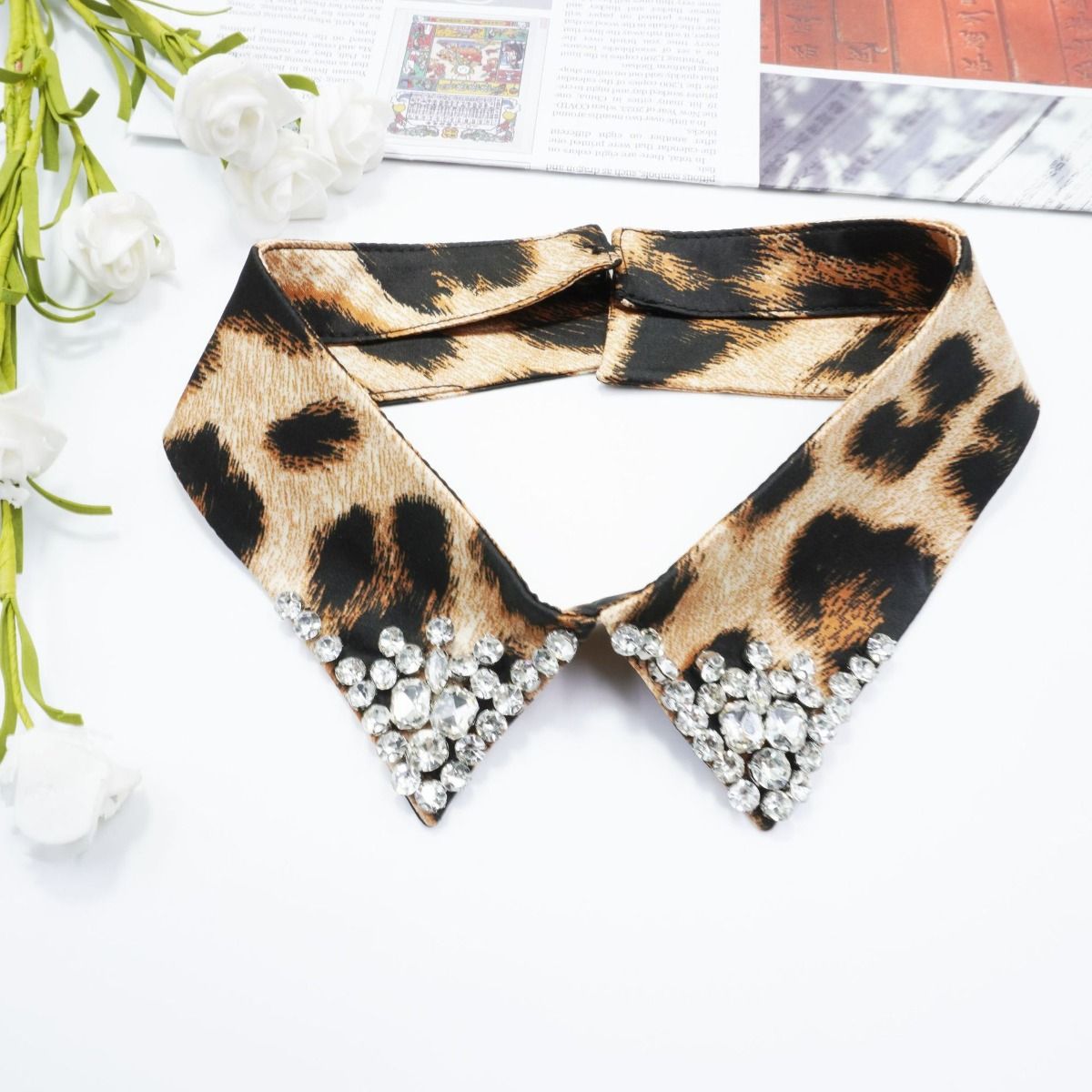 PEACH ACCESSORIES Glam Leopard Print Faux Cotton Collar with Crystal
