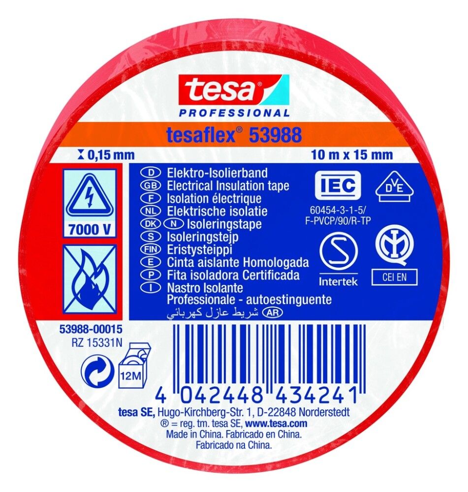 ISOLERINGSTAPE TESA TESAFLEX 10MX15MM RØD