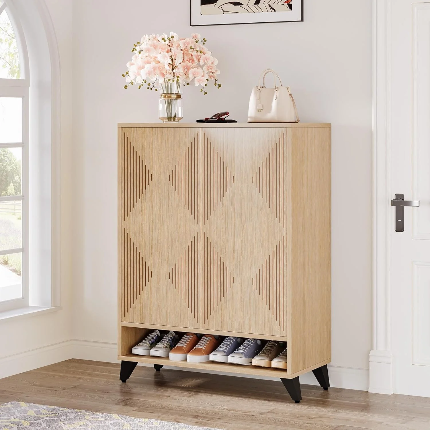 24 Pairs Large Wood Shoe Storage Cabinet with Doors for Entryway - 6-Tier