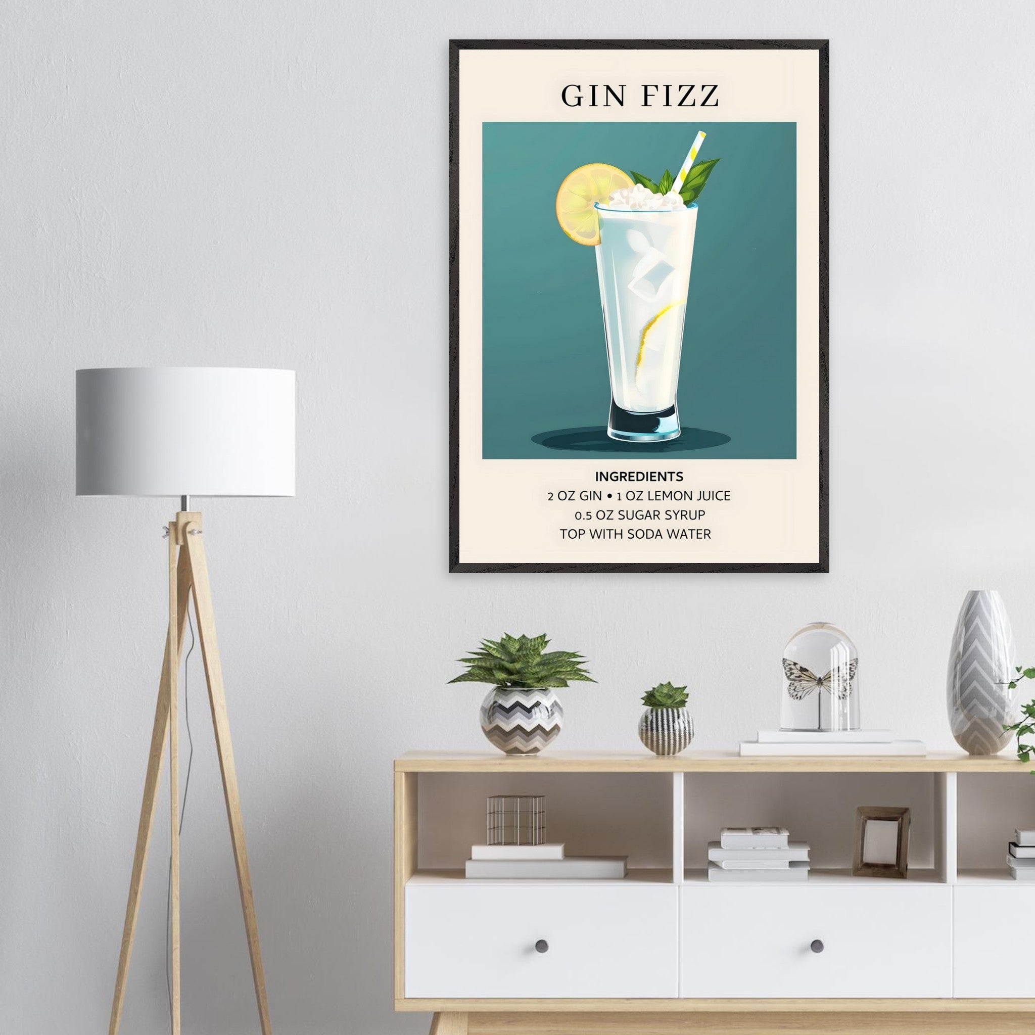 Artfulprints Poster Gin Fizz cocktail - Ingrediënten  - 70x100 cm - Blauw