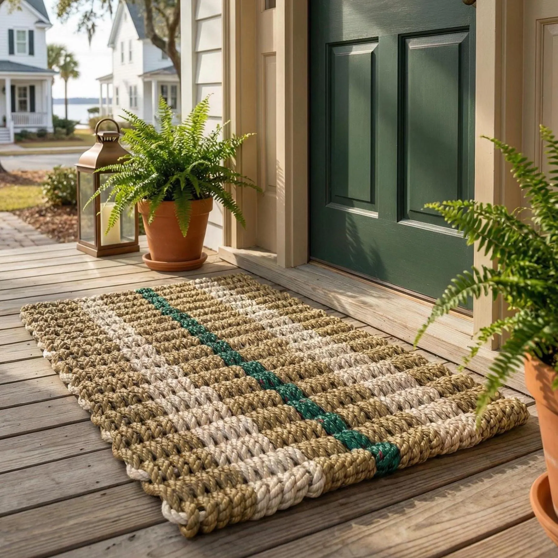 Coastal Rope Doormat | Nautical Tan, Sand and Green Handwoven Rope Mat