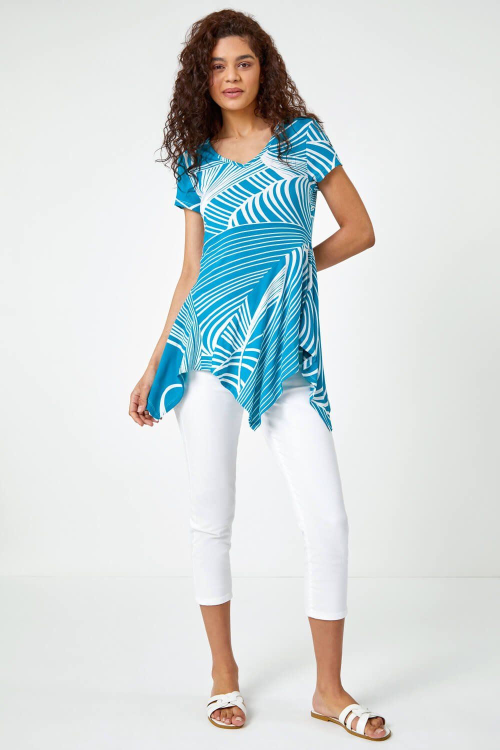Roman Textured Linear Print Hanky Hem Tunic Top
