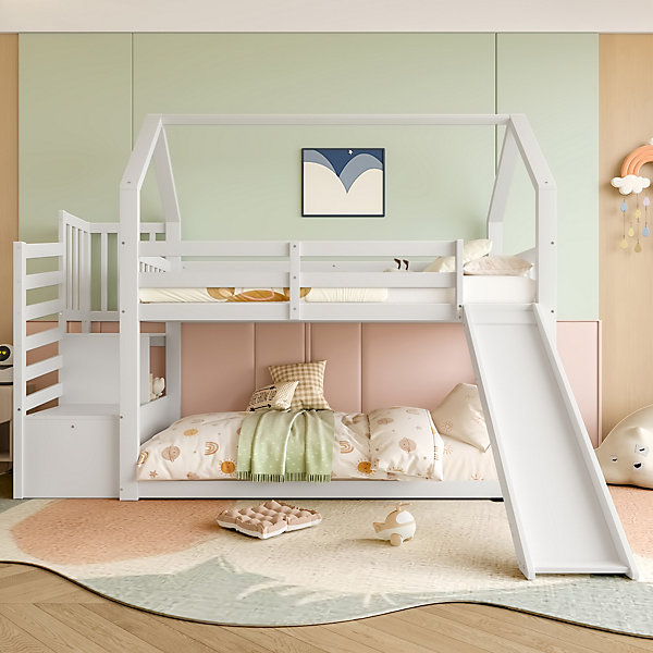 Lit Superposé Enfant 90x200 cm - Lit avec Toboggan et Escalier de Rangement - Cadre Bois MDF - Sans Matelas - Blanc