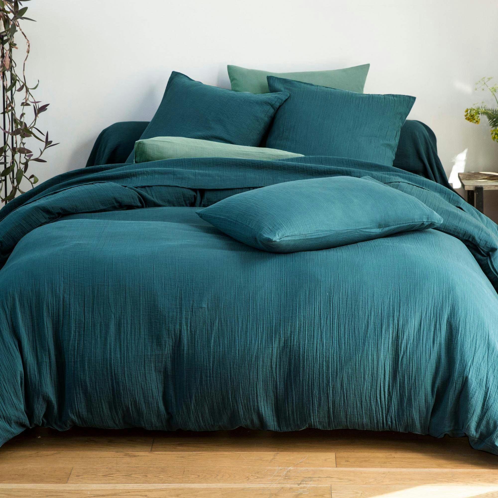 DOUBLE GAZE - Drap-housse 140x190x28 bleu canard en coton