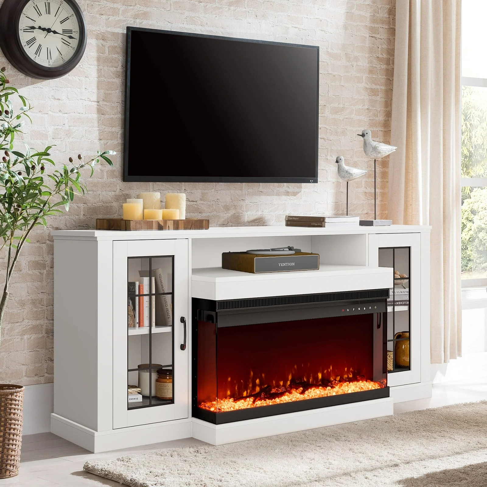Erommy Adjustable Glass Shelves Entertainment Center with Electric Fireplace in Fireplace TV Stand