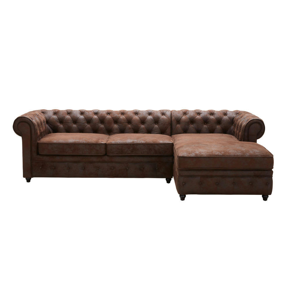 Chesterfield - Canapé d'angle droit convertible 5 places en suédine marron