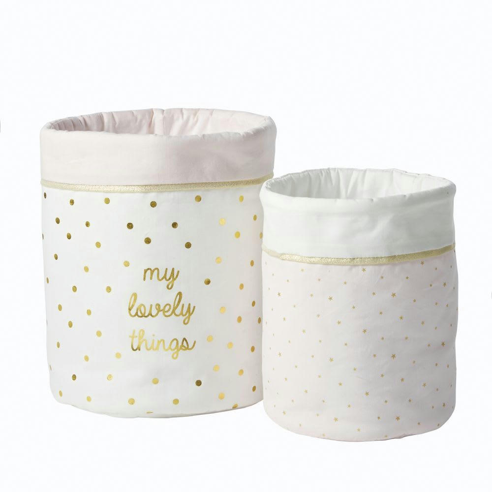 BIRDY - Paniers de rangement en coton rose, blanc et doré à motifs (x2)