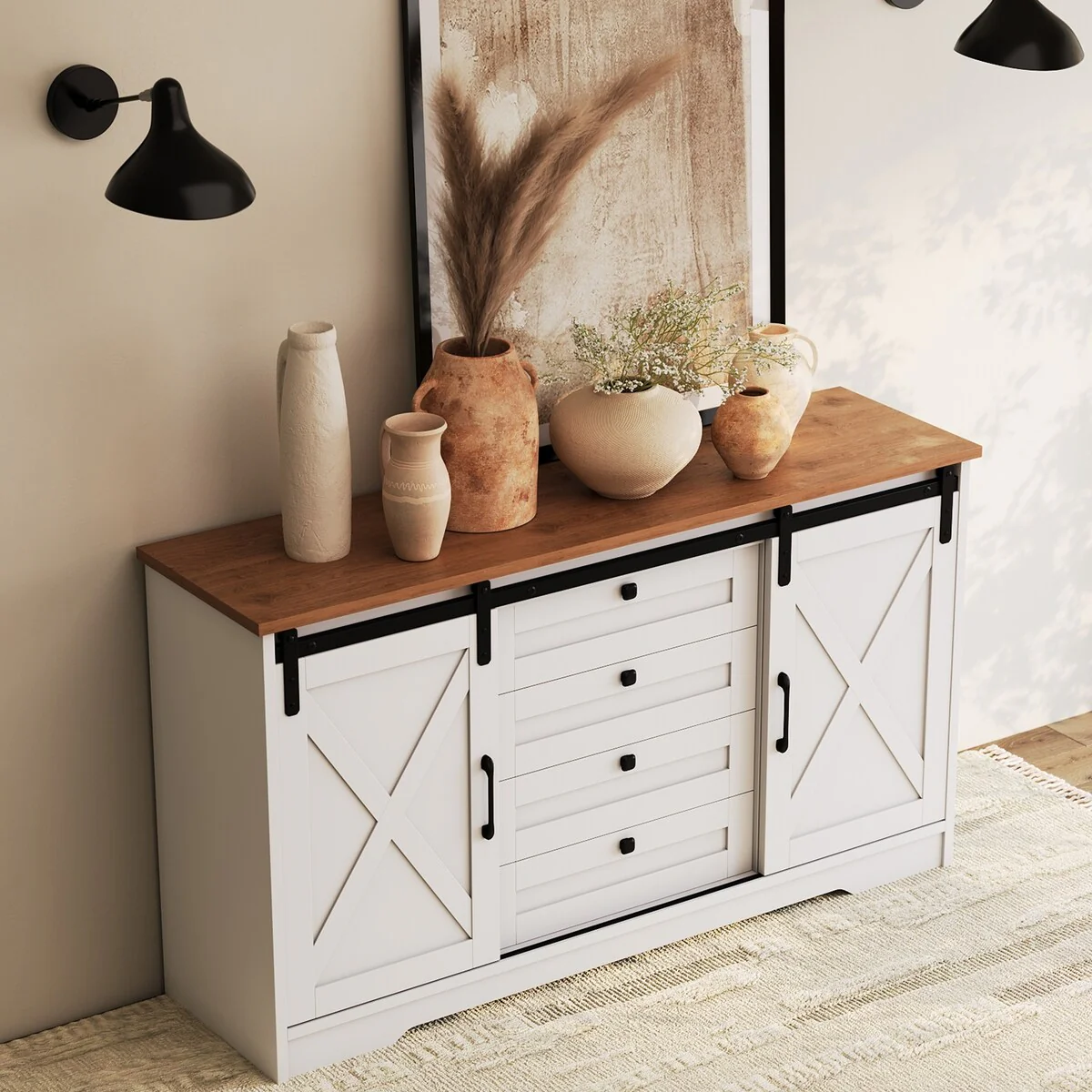 JASIWAY Barn Buffet Sideboard Cabinet with 2 Doors and 4 Drawers