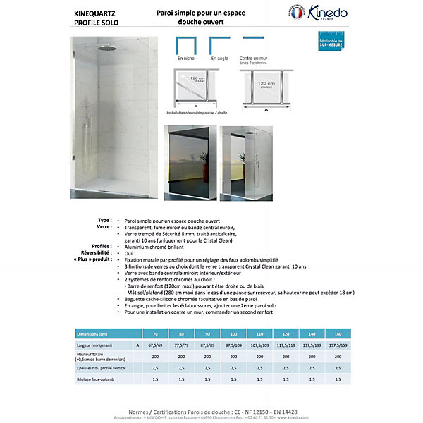 Paroi de douche fixe Kinedo Kinequartz Solo L1,20m H2,00m verre cristal avec bande centrale finition miroir