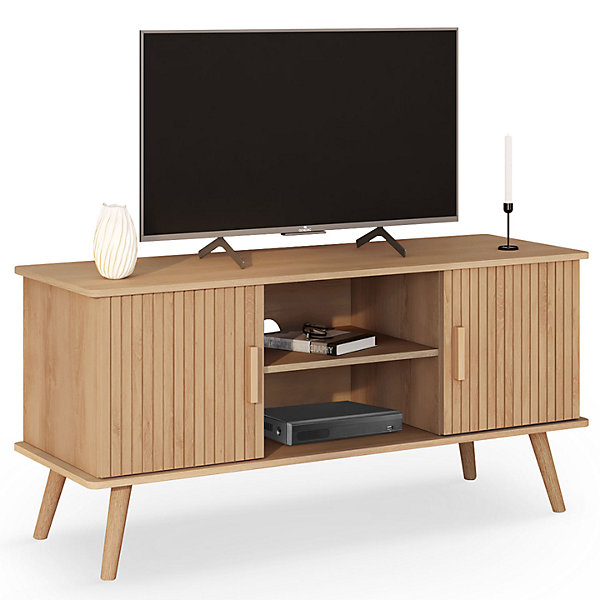 Meuble TV 110 cm JULIETTE 2 portes lattes tasseau bois coloris chêne