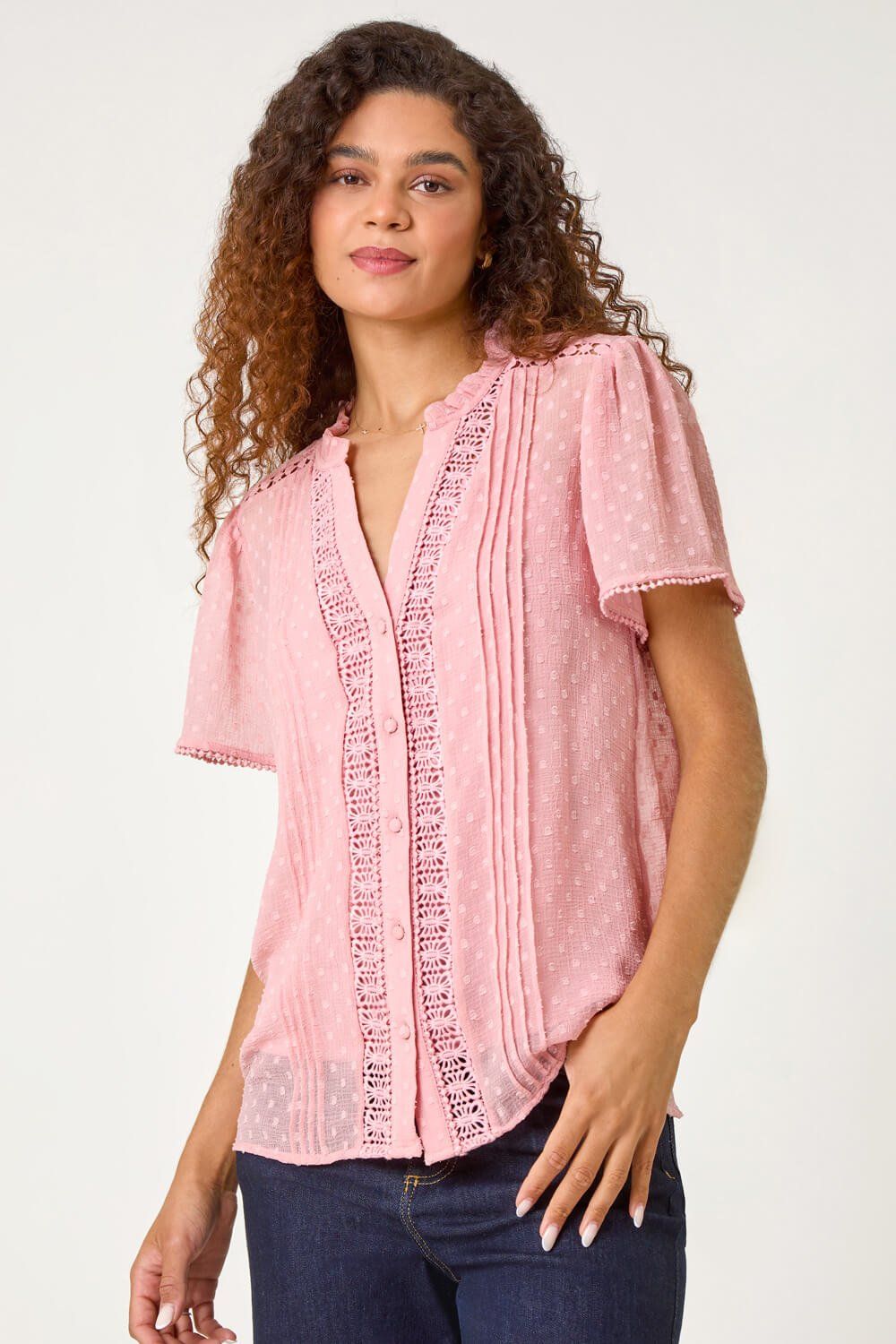Roman Textured Spot Lace Trim Blouse