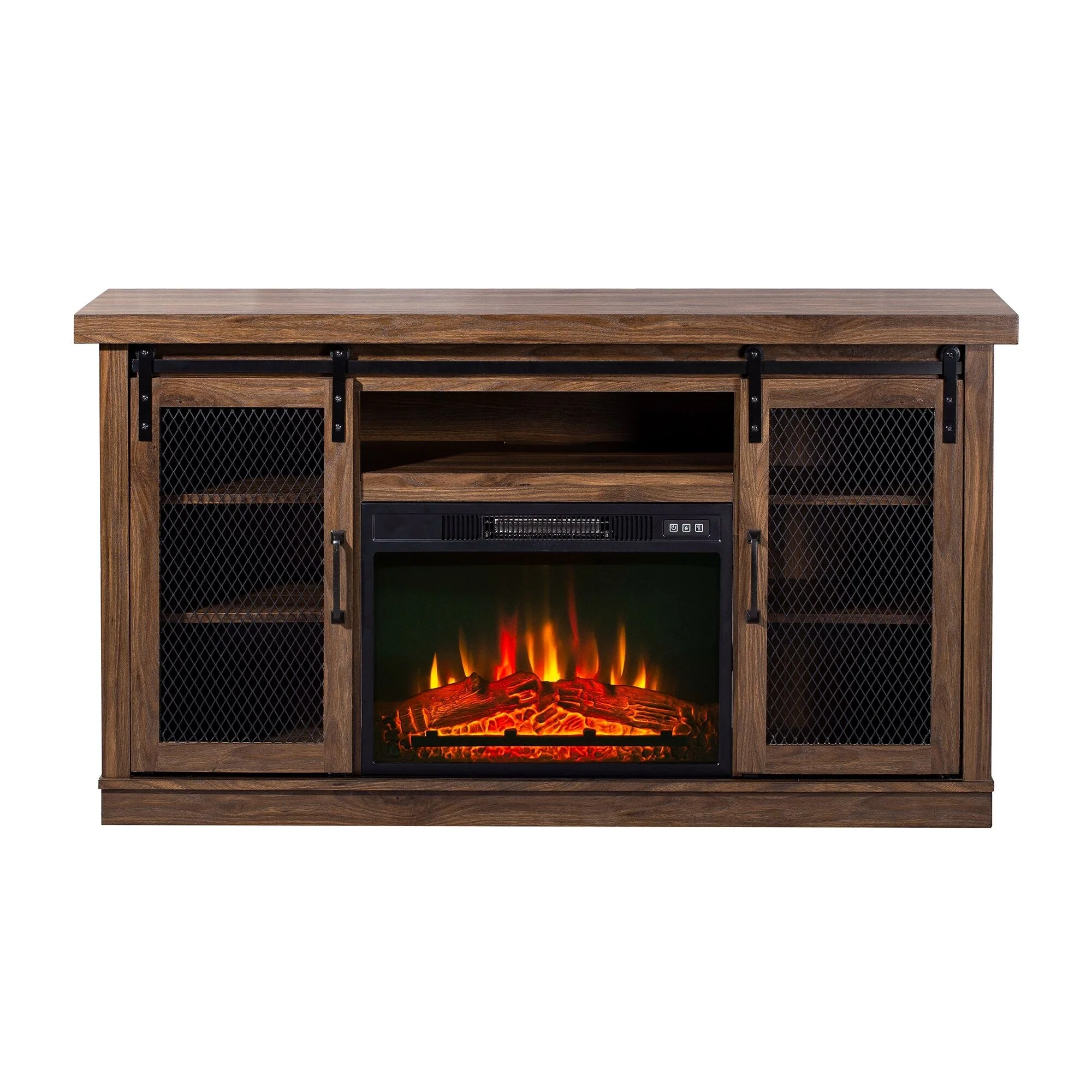 Rustic 58-inch Fireplace TV Stands Barn Door Console Table with 7-shelves