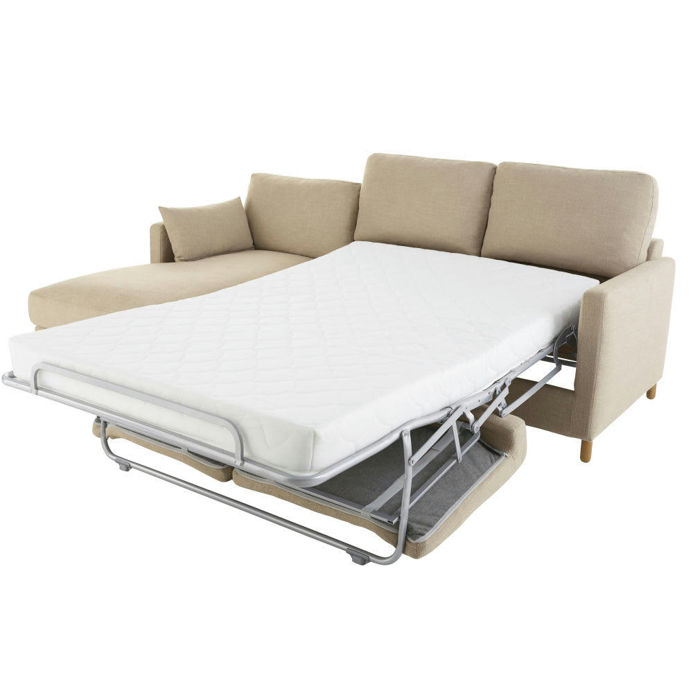 Julian - Canapé d'angle gauche convertible 5 places beige, matelas 14 cm
