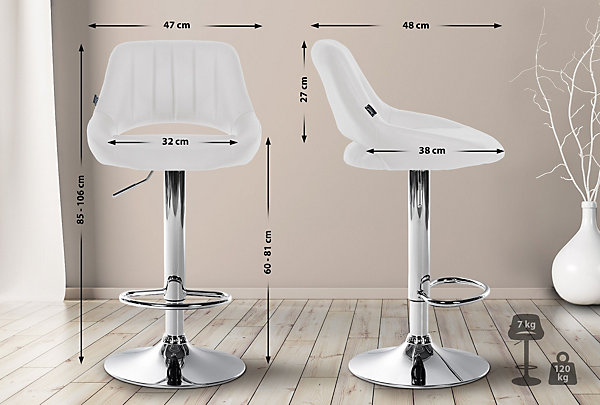 Lot de 2 tabourets de bar Milet similicuir, Chaise de bar pivotante avec repose-pieds et dossier Métalchromé/Blanc