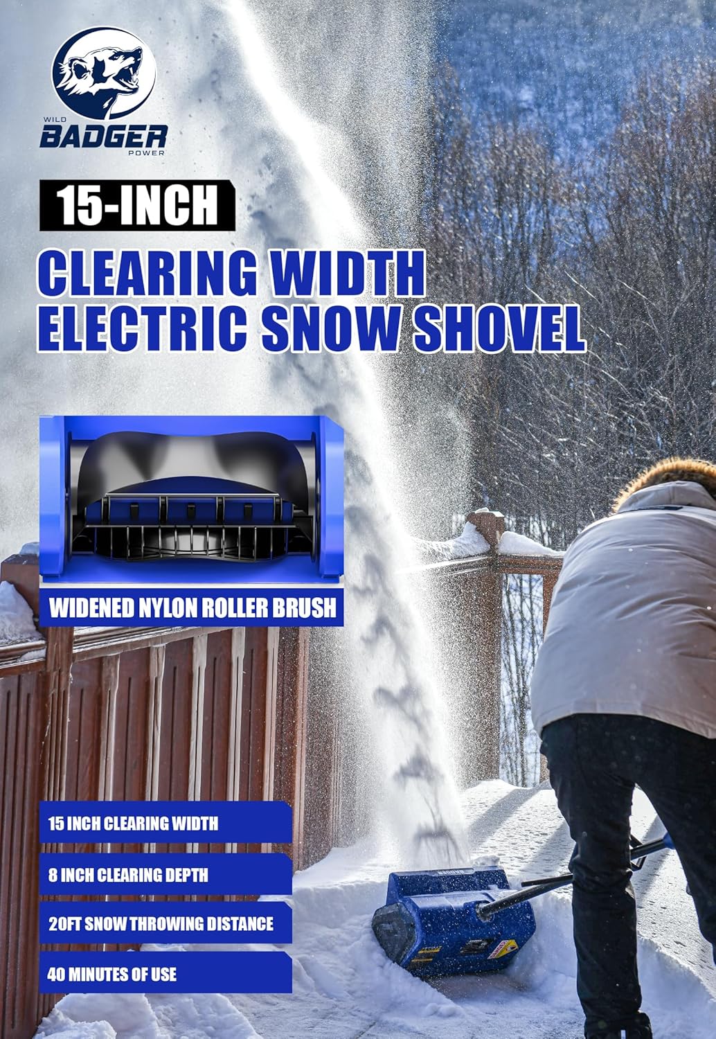Wild Badger Power 40V Cordless Snow Shovel  12 Brushless  20 FT Throw  8 Depth  4.0Ah Battery & Fast Charger Included  for Steps  Porches  Walkways & Driveways