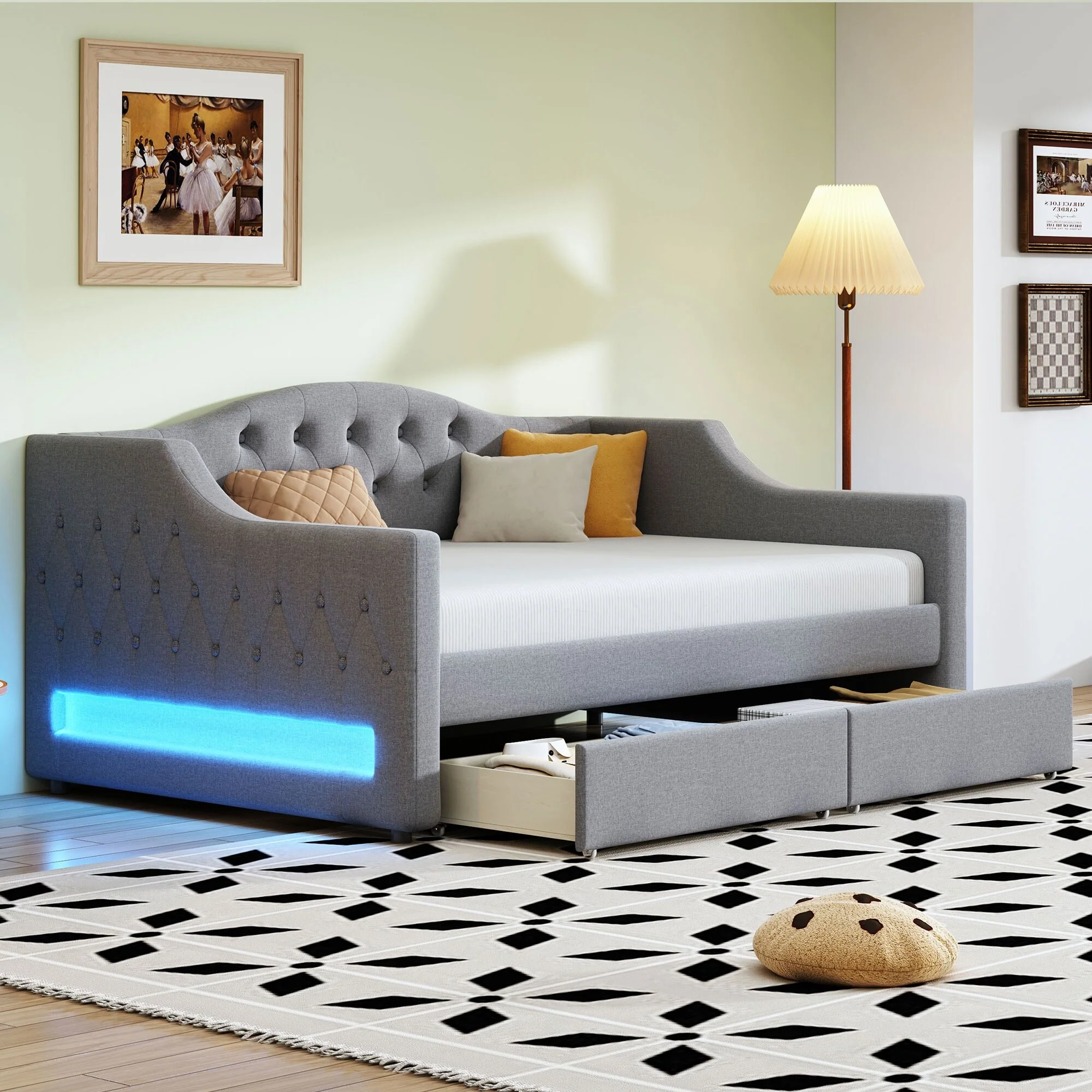 Upholstered Twin XL Size Daybed with LED Belt and 2 Drawers