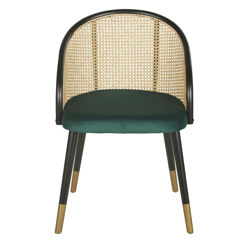 Sockette - Fauteuil de table en velours vert cannage en rotin