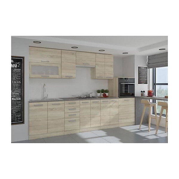 LASSEN Cuisine complete L 300 cm avec demi-colonne four et hotte - Decor chene sonoma