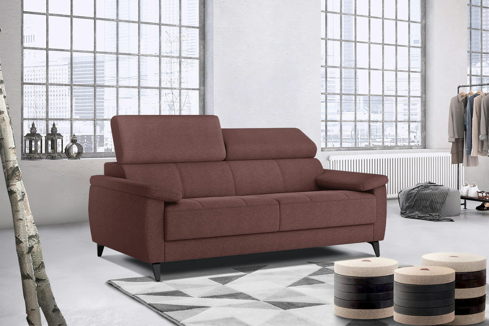 TAUNUS - Canapé droit 3 places XXL tissu bordeaux